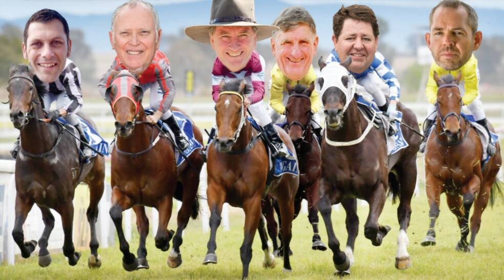 THE JOCKEYS SO FAR: From left, David Ewings (Labor), Ian Britza (Aus Country Party), Barnaby Joyce (Nationals), Rob Taber (Independent), Pete Mailler (CountryMinded), Peter Wills (Greens). Photo: Barry Smith/composite. 