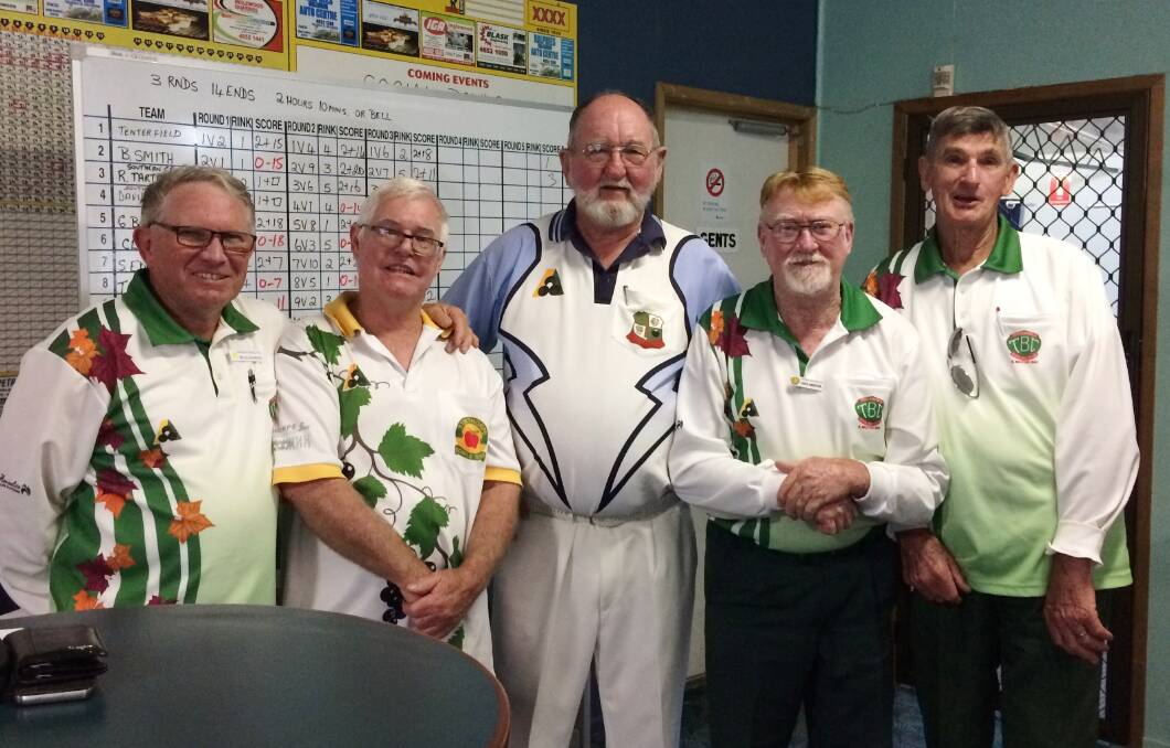 Inglewood club president Bob Robinson is flanked by Tenterfield's awesome foursome (from left) Neville Richardson, Rob Alcock, Bob Robinson, Greg Ambrose and Don Lewis.
