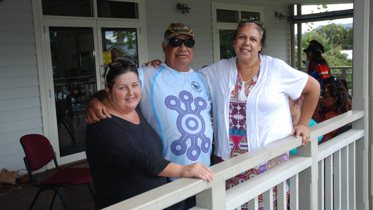 Delphine Charles (on right) with Leonie Duroux and Clinton's father Thomas Duroux at the Red Dust Healing program at the RSL Pavilion.
