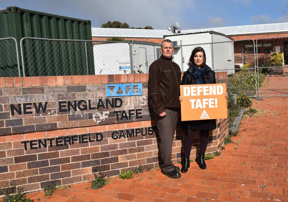 NSW Teachers Federation organiser Adam Curlis with Greens MP Dawn Walker at the Tenterfield TAFE campus on Wednesday.