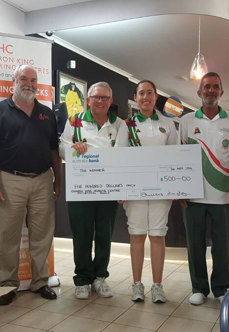 UNEXPECTED PLEASURE: Neville Richardson, Elana Scott and Alan Bancroft accept the winner's cheque from Alan Oliphant of sponsors Sharon King Hearing Centres.