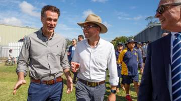 Adam Marshall caps off his career with a high sharing in the launch of the Pathfinder Project with Premier Chris Minns in Moree on Wednesday, April 3. Picture supplied. 