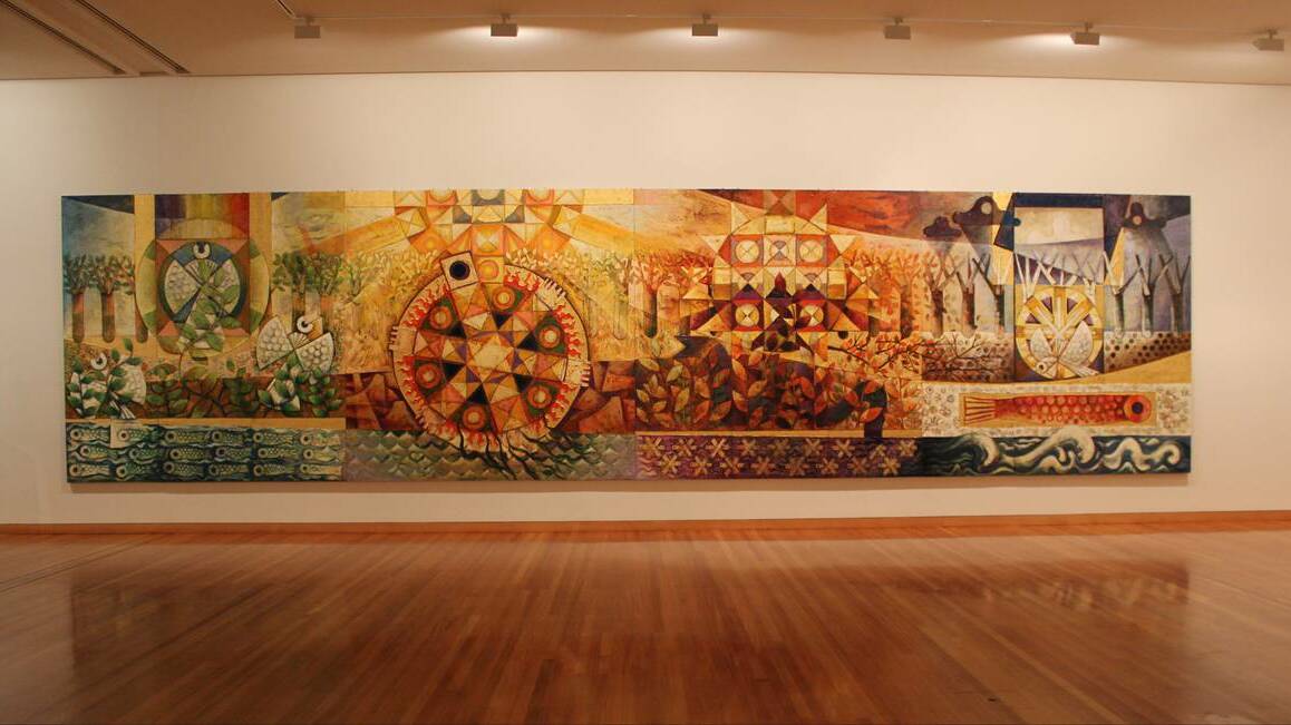 Leonard French, Journey of the Sun 1980, enamel, gold leaf on hessian on board. Collection Bendigo Art Gallery. Gift of Commonwealth Custodial Services under the Cultural Gifts Program 2003.