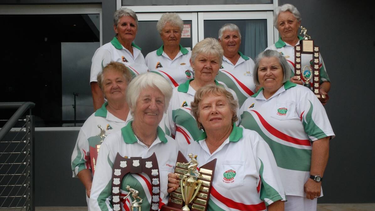 Band of champions:  Winning all the 2015 district competitions were (top, from left) fours champions Cheryl Vidulich, Daphne Kirkman, Shirley Tribe and Marie Parker; (middle) triples champions Katie Graham, Margaret Green and Helen Shepherd; and (front) pairs champions Penny Stanbridge (also the single champ) and Rita Kling.