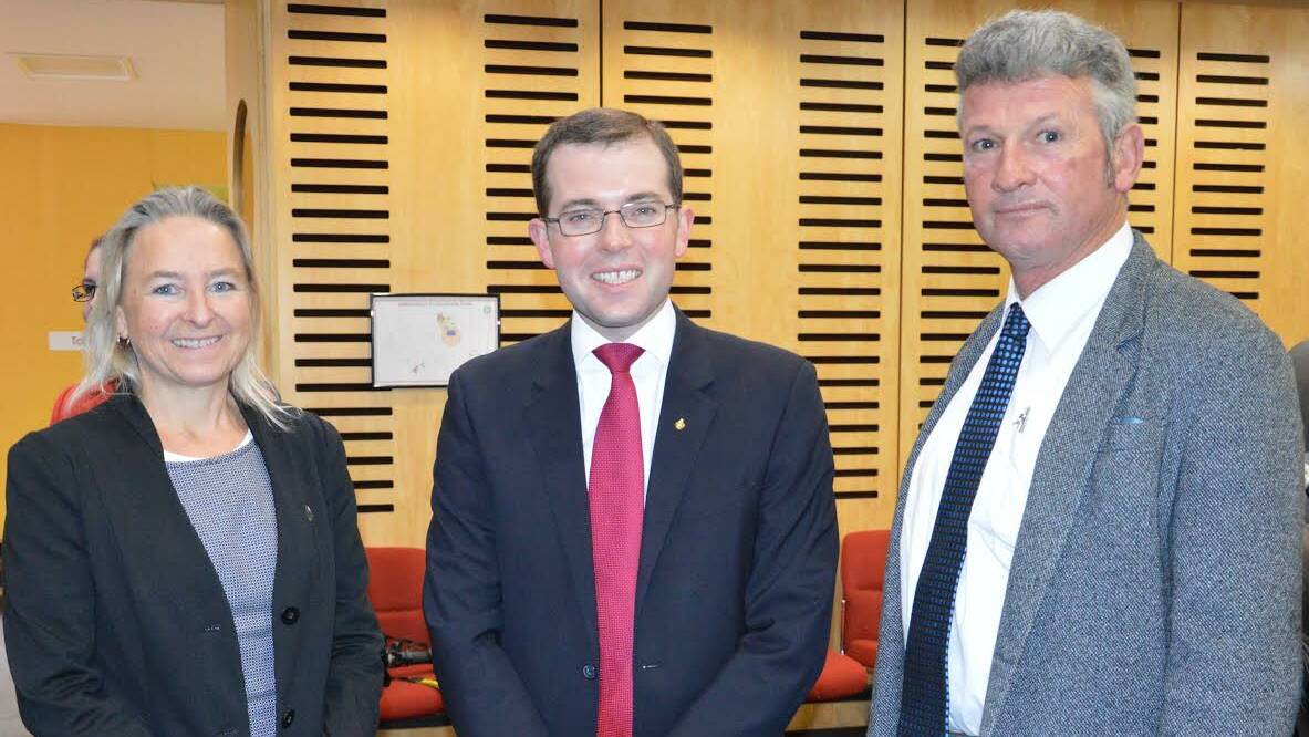 Tenterfield Shire Council general manager Lotta Jackson, Northern Tablelands MP Adam Marshall and Tenterfield Shire mayor Peter Petty at last week’s meeting.