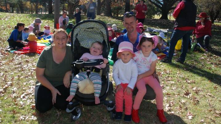 Family outing: Sabrina and Jason McDonald with their daughters (from left) Dorothy, Ferlicity and Lucy-Anne lunched together at Jubilee Park as part of Tenterfield Preschool’s National Families Week celebration.