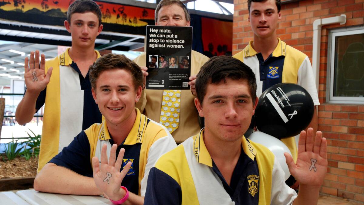 JOINING THE CAUSE: Tenterfield High School students Mardy Taylor, Mitchell Austin, Fraser Saccon and Zac Lieberman with principal Peter Willis are taking the stand against domestic violence.