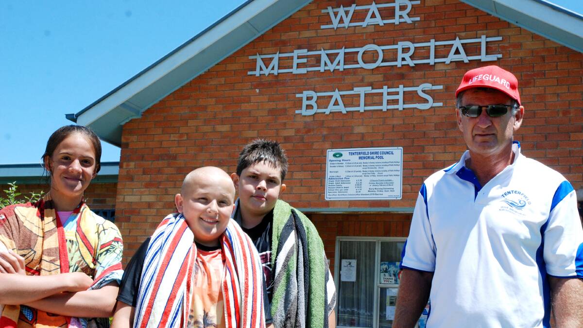 HIP HIP, HOORAY: The Tenterfield War Memorial Baths will celebrate their 50th anniversary on Friday. Pool operator Jeff Moss with Zeik Back, Lanii Spiller and Ayden Wilkinson from Drake Public School on Tuesday. 