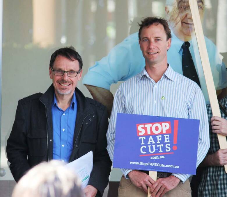 Adam Guise (right) with Greens MP John Kaye outside Member for Lismore Thomas George’s office last Thursday.