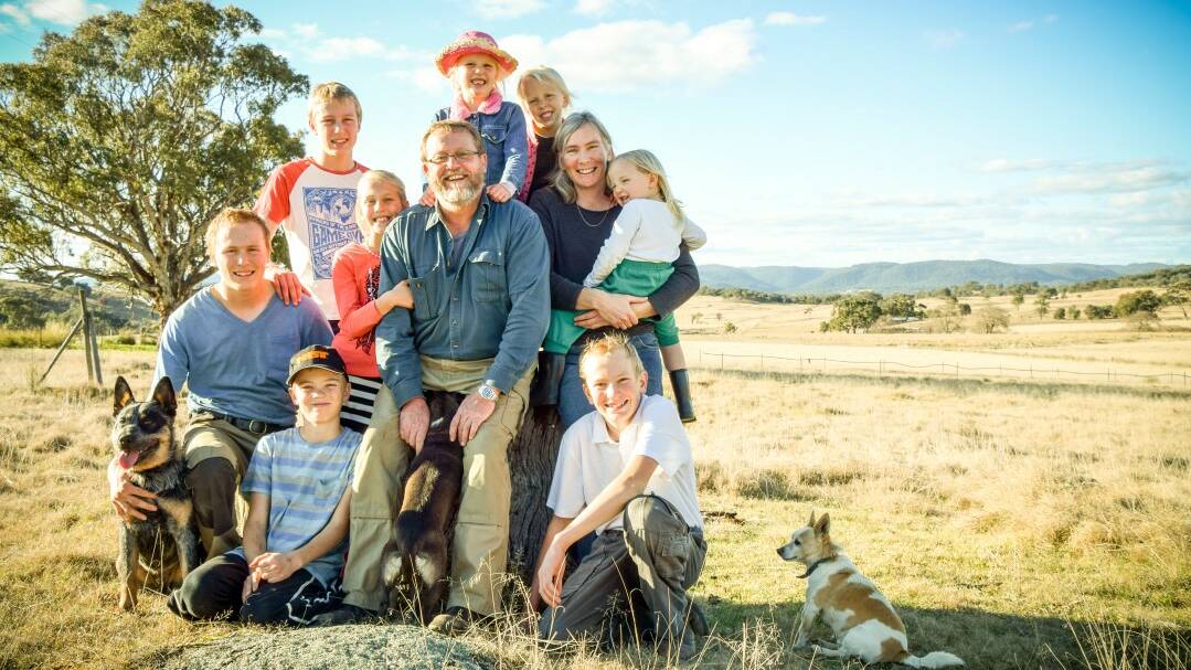 The Sommerlad family; Michael, Kathyrn and children Claire (absent), Geoffrey, Timothy, Henry, Peter, Elizabeth, Millie, Hannah and young Jemima recently moved in the the Kildare farmhouse outside Tenterfield, with plans to continue to improve their unique chicken farming enterprise. 