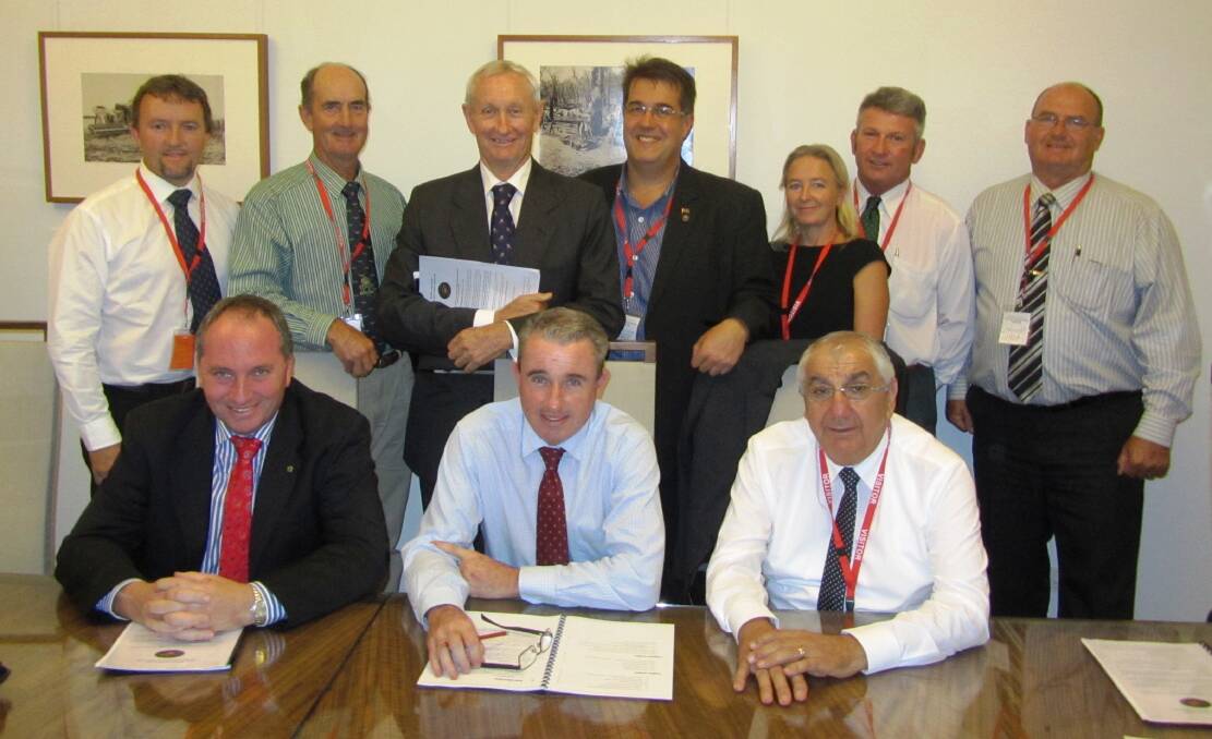 (Back) Simon Stahl, CEO, Northern Co-operative Meat Company, Cr Lindsay Passfield, Kyogle Shire Council, Hon Bruce Scott, Federal Member for Maranoa, Cr Neil Meiklejohn, Chair, Downs to Rivers Action Committee (DTRAC), Lotta Jackson, General Manager, Tenterfield Shire Council, Cr Peter Petty, Mayor, Tenterfield Shire Council, Cr Ernie Bennett, Mayor, Richmond Valley Council. (Front) Barnaby Joyce MP, Federal Member for New England, Kevin Hogan, Federal Member for Page and Thomas George, NSW Member for Lismore in Canberra this week.