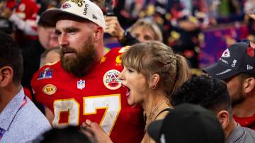Travis Kelce celebrates with girlfriend Taylor Swift after defeating the San Francisco 49ers in Super Bowl LVIII at Allegiant Stadium. Picture by Mark J. Rebilas-USA TODAY Sports/Sipa USA /AAP Image