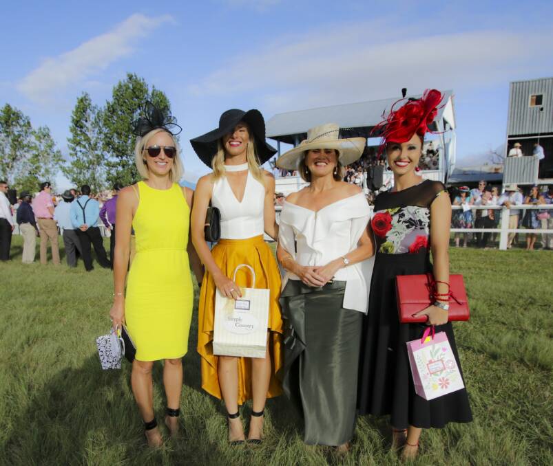 FASHION EXTRAVAGANZA: Fashion on the Field is hotly contested at Deepwater Races. 2017 Fashions on the Field winners Mari Smith, Caitlyn Barton, Kaye McColl (Presenter) and Nouveau White (1st).