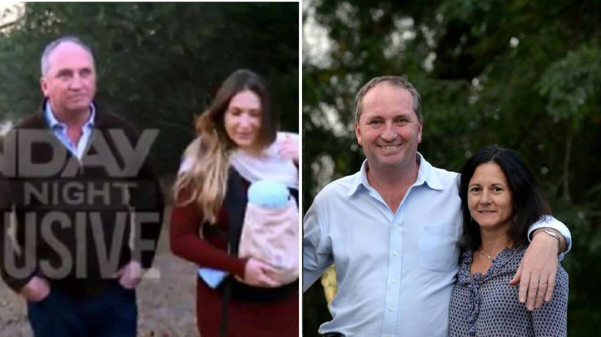 NOW AND THEN: Barnaby Joyce and partner Vikki Campion with son Sebastian Joyce (photo: Channel Seven), on the right is Barnaby Joyce with former partner Natalie Joyce. 