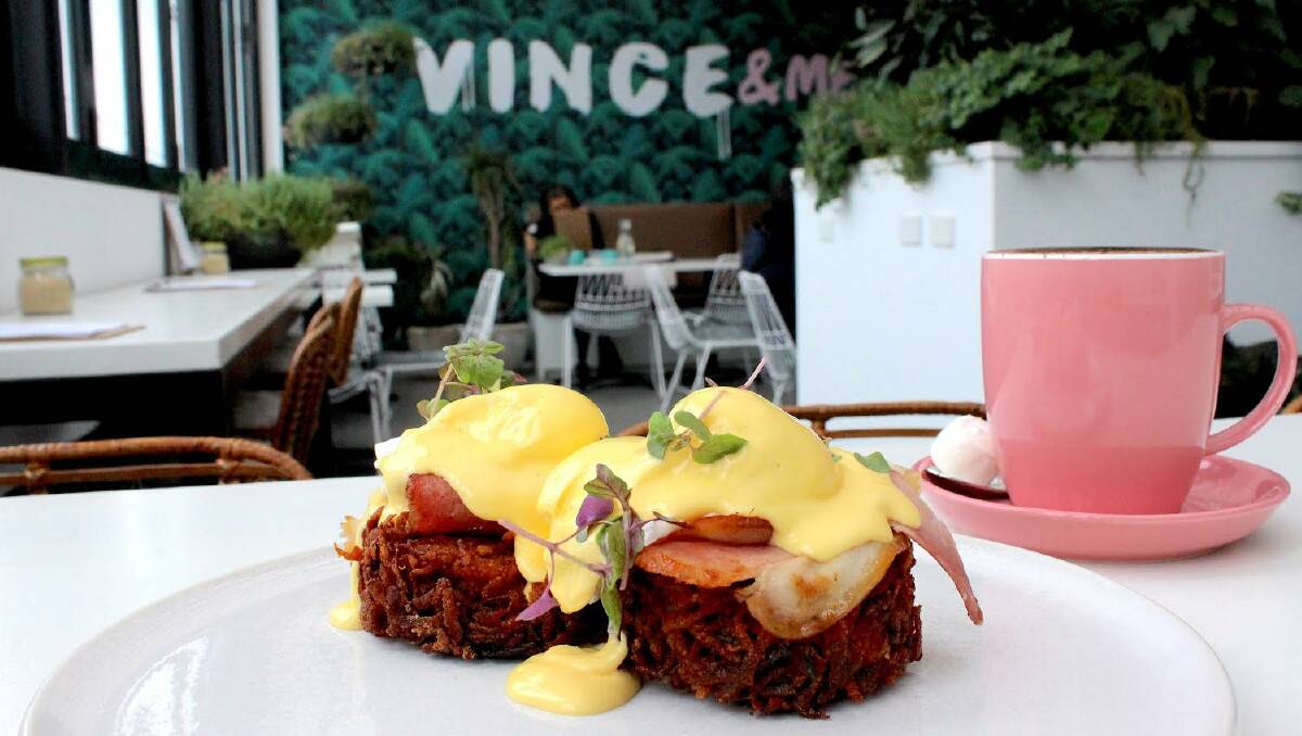 A mouth-watering breakfast topped with hollandaise at Vince & Me
