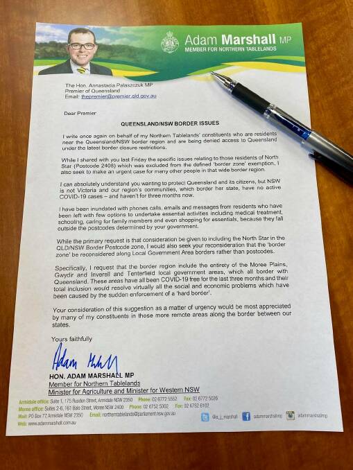 Adam Marshall's letter to the Queensland Premier. Photo: supplied
