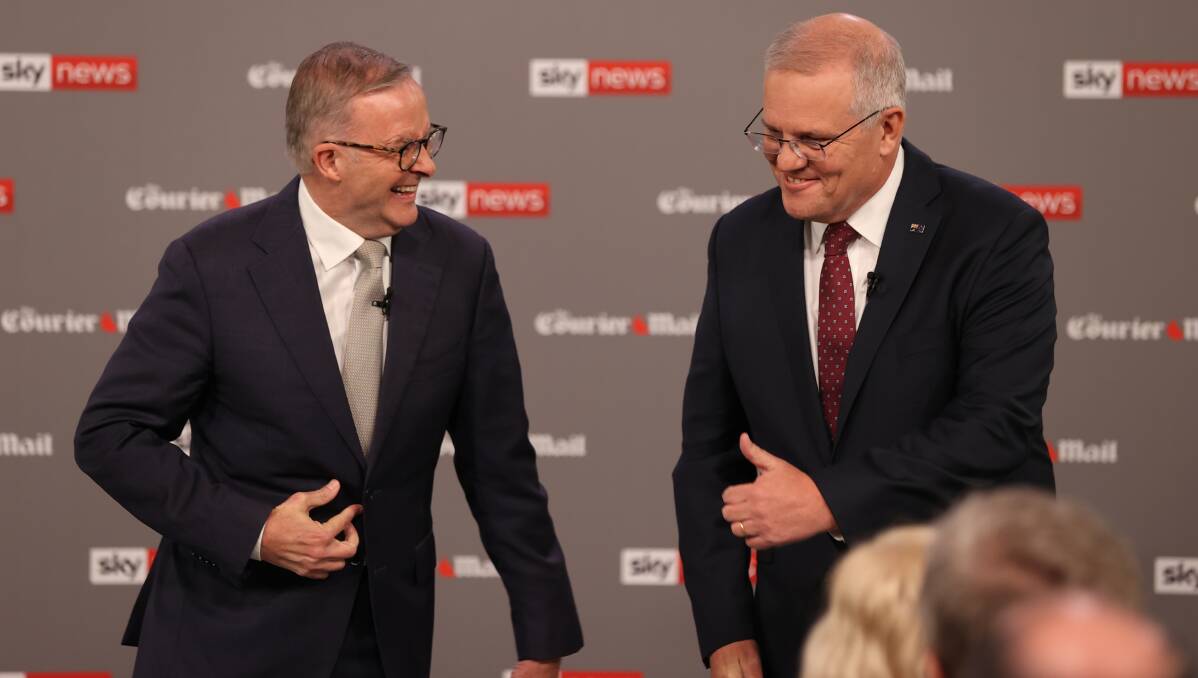 Labor leader Anthony Albanese and Prime Minister Scott Morrison at the first leaders' debate in Brisbane on Wednesday. Picture: Getty Images