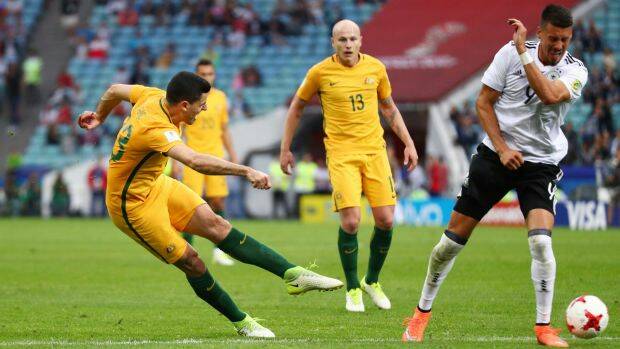 Attacking brightspot: Tommy Rogic shoots for goal for the Socceroos against Germany. Photo: Getty Images