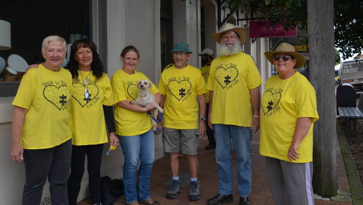 SUICIDE PREVENTION: Lexi Sherren, Ra Webster, Ashleigh Townsend (with 'Lucky'), 'JP', Darryl Harkness and Trish Zuhnemer on last Sunday's walk. Picture: Melinda Campbell