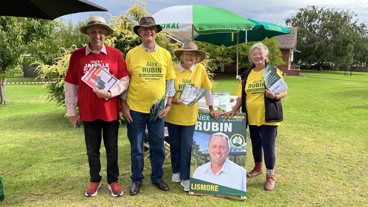 Mark Bailey, Peter Jeffery, Val Methven and Polly Rubin were handing out how-to-vote cards in Tenterfield during the election. Picture by Melinda Campbell