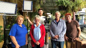 FILMING: Alma Reading (left), Lois and Frank McGuiness from the Tenterfield Railway Museum with Austin (rear) and Trevor (right) from Dog Whistle Creative. Picture: Supplied
