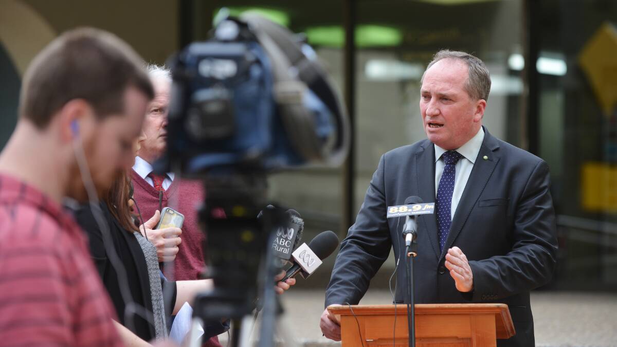 FLOWING ON: New England MP Barnaby Joyce announces the water infrastructure funding outside Tamworth Regional Council in June 2016. Picture: Barry Smith 
