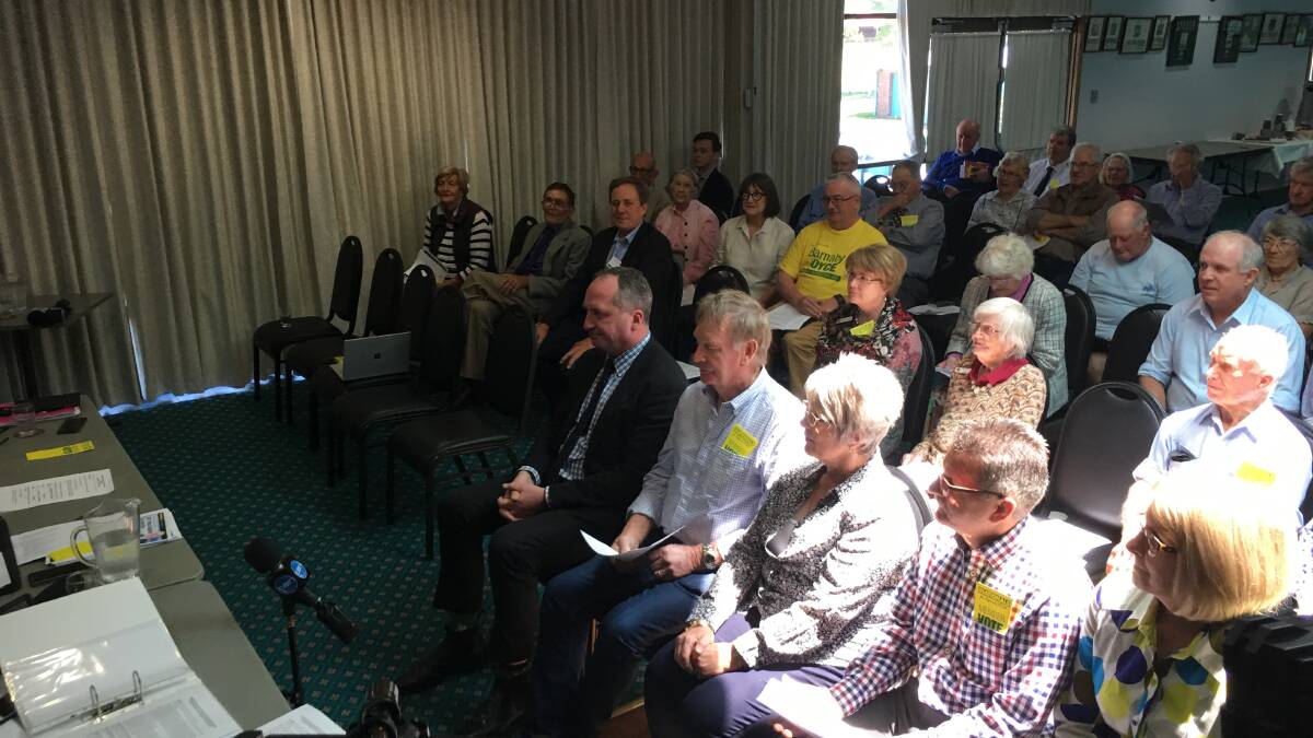 Barnaby Joyce sits in the front row of the electorate council meeting on Saturday morning after being endorsed as the candidate for New England.