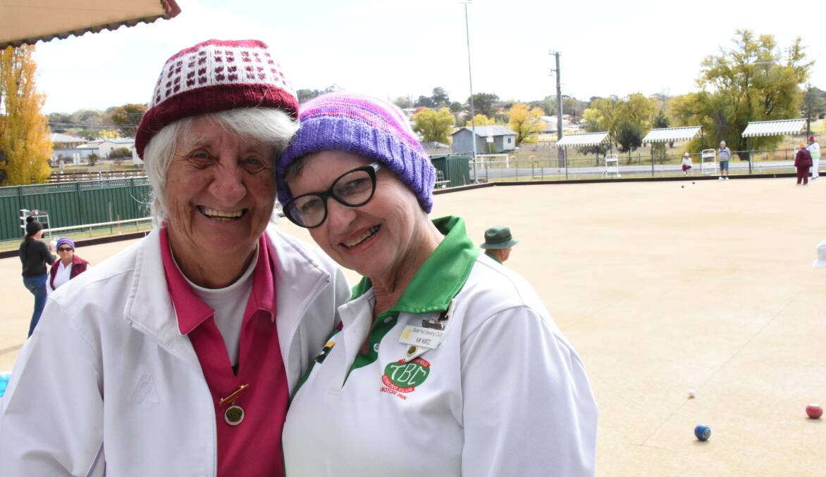 Tenterfield Ladies Bowls president Penny Stanbridge and secretary Kay Hurtz were well kitted out for Beanies for Brain Cancer day at the Bowling Club.