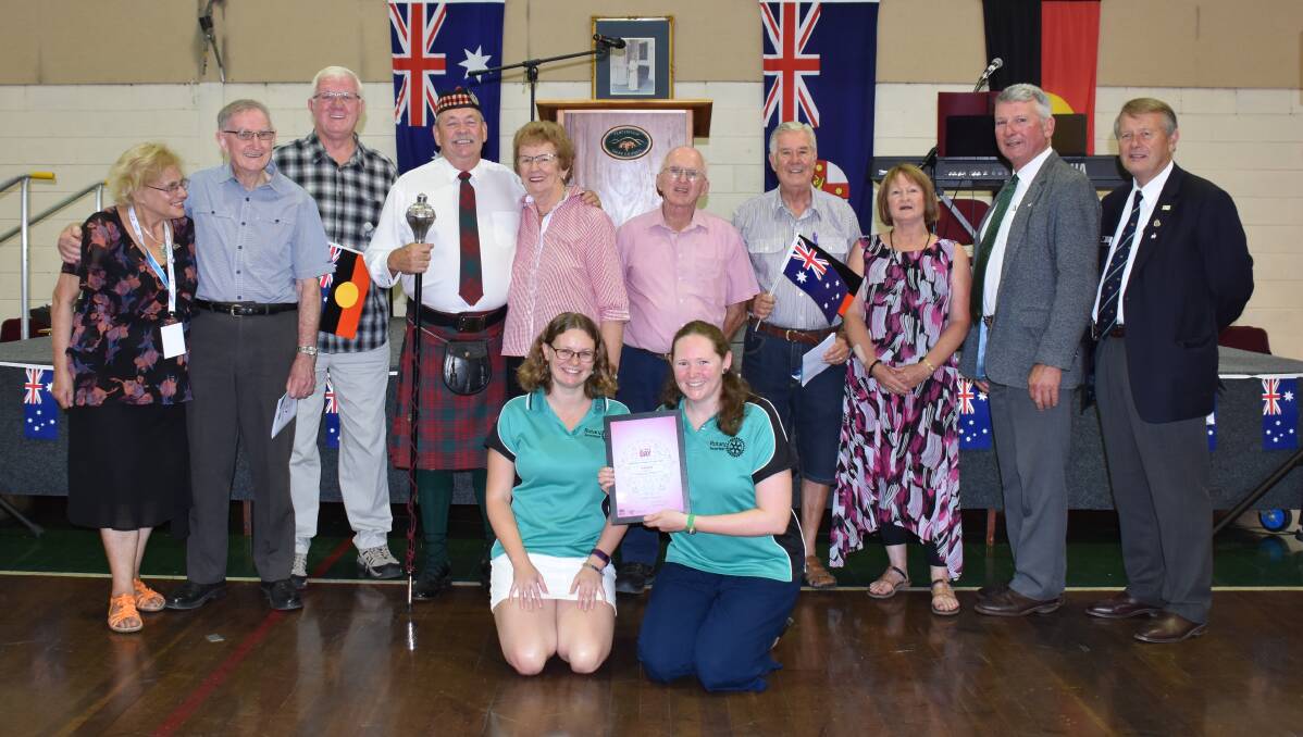 Australia Day ambassador Susanne Gervay with Rotarians Geoff Sullivan, Jim Byrne, Harry Bolton, Lucy Sullivan, Peter Chittick, Ralph Manser, Noelene Hyde, (in front) Caitlin Reid and Skye Stapleton, with mayor Peter Petty and deputy mayor Don Forbes. Rotary put on Community Event of the Year, the 2017 Bavarian Beer and Music Festival.