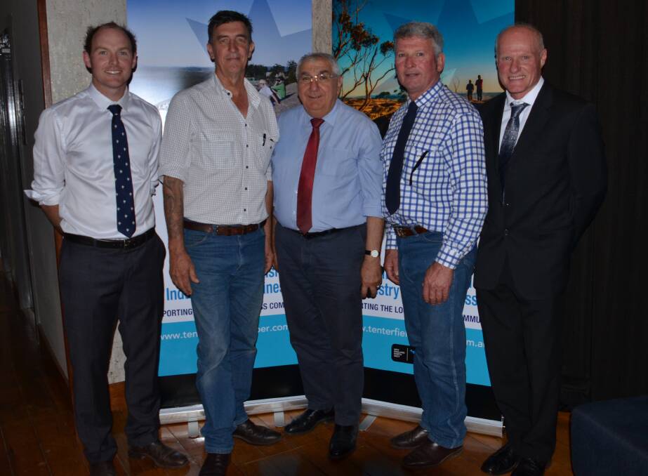 (From left) candidate Austin Curtin, Tenterfield Business Chamber's Vince Sherry, MP Thomas George and candidates Peter Petty and Andrew Gordon at the Nationals' forum.