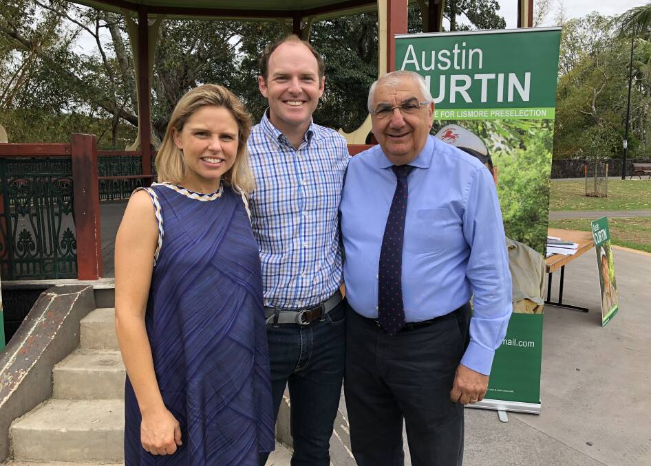 Austin Curtain, flanked here by his wife Bronwyn and current Lismore MP Thomas George, is one of the final three in the running for Nationals' pre-selection.