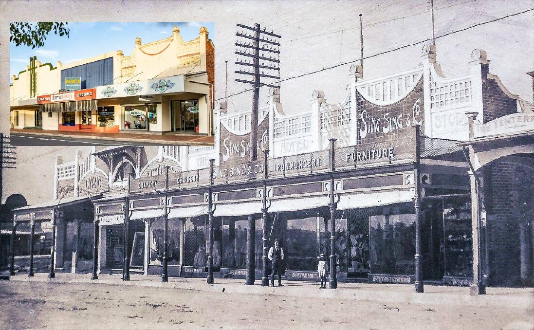 Thomas Young and his daughter Eulalie stand in front of their new Lyric Picture Theatre and The Noted Cheap Store, circa 1914 (photo supplied by Kelvin Hon) with how it looks today superimposed (photo by Peter Reid).