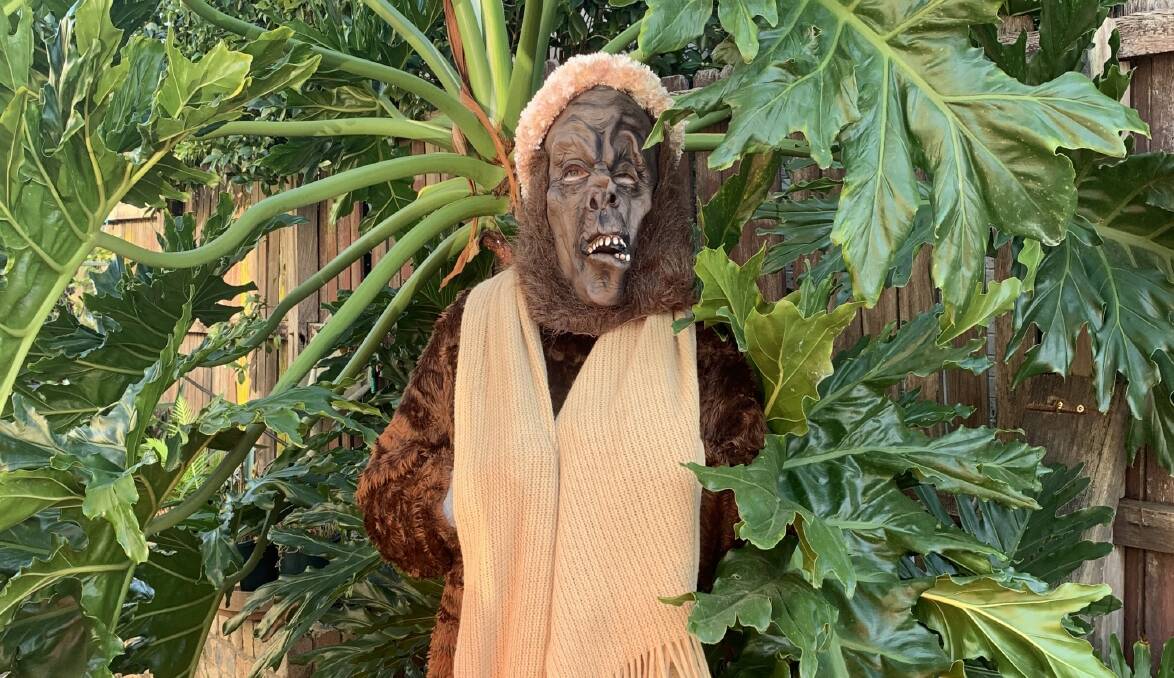 Colour coordinated: The Woodenbong Yowie is trying on beanies for the Fred Hollows Fundraiser at Yowie Country Market on May 25. Photo by Joyce Marsh.