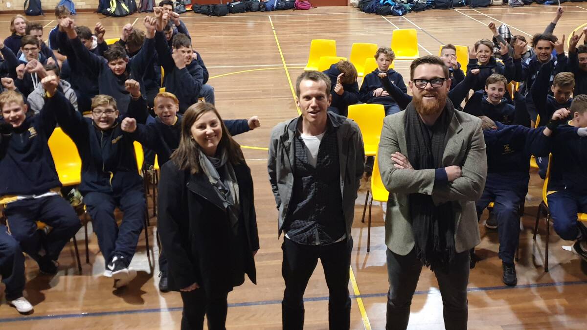 Tenterfield High School's student support officer Roberta Koch, Goodfellas presenter Jack Ellis and teacher Toby Fibbins, with some enthusiastic students participating in the myth-busting program.