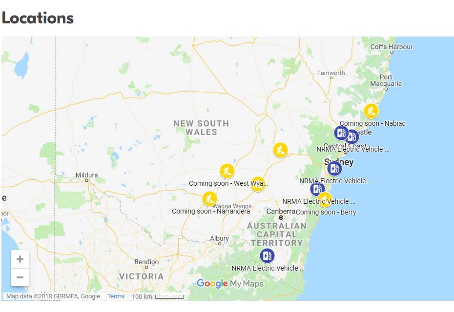 Current and in-progress electric vehicle recharging stations on the NRMA network.