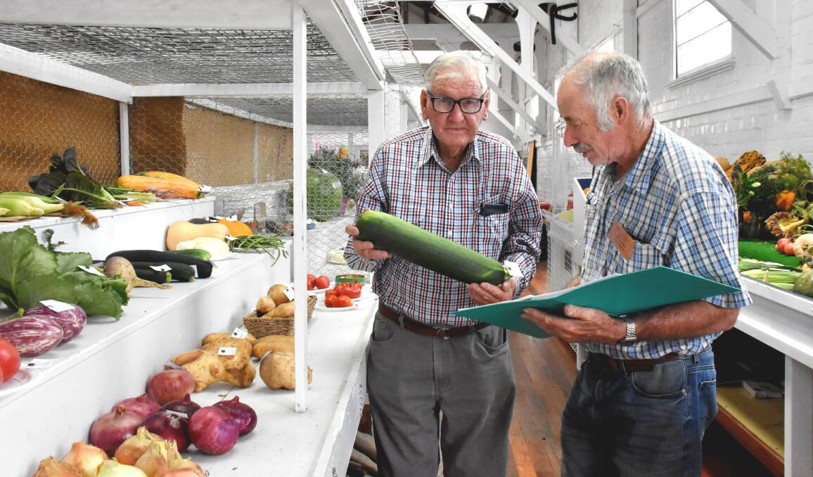 Show society president Matt Duff was impressed with the quality of competition entries, given the drought conditions. Here Jim Landers judges the produce section as steward  Cliff Skinner records results.