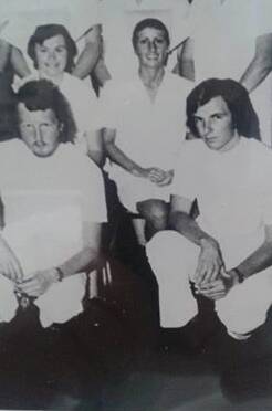 A younger Colin Chevalley on the right with nursing staff, although this time in long pants.