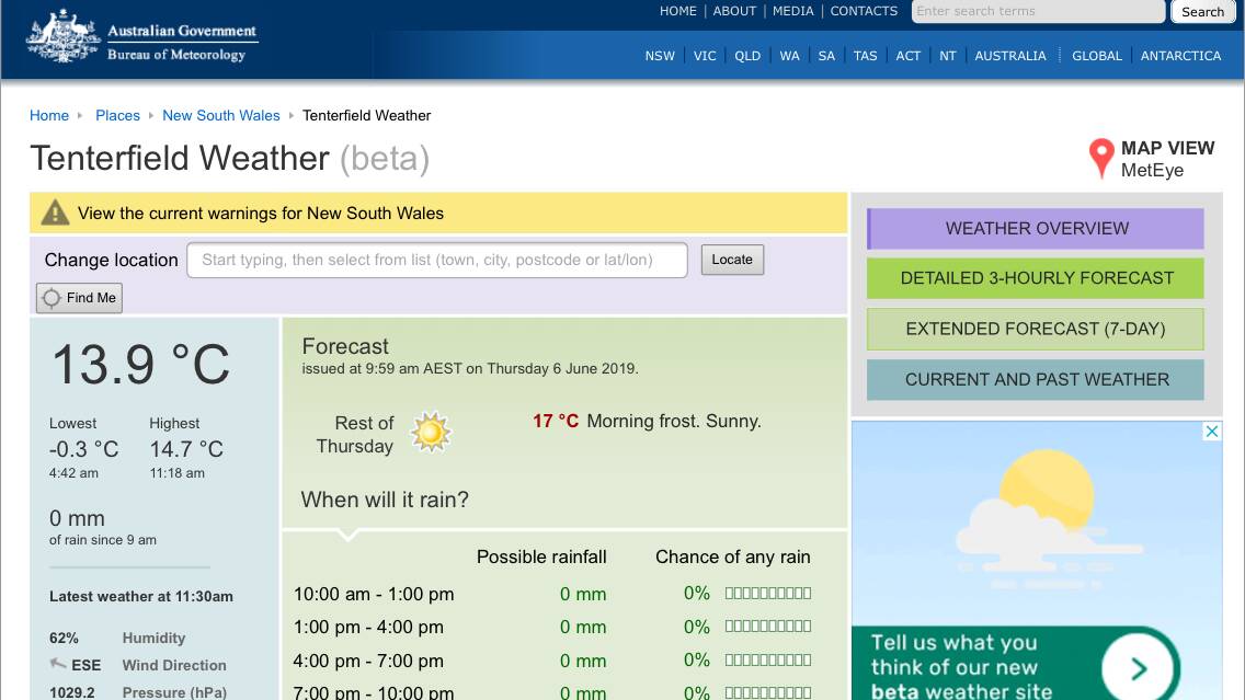 The BOM's Meteye product can break local forecasts down to three-hour intervals.