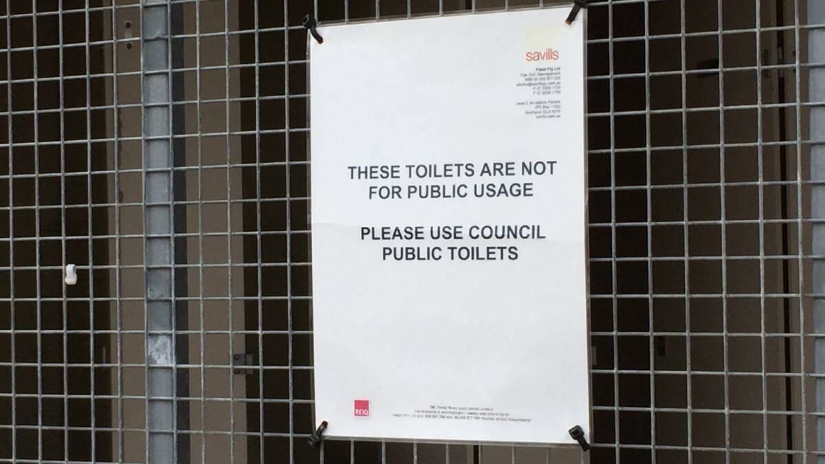 The sign that now greets the public at the Henry Parkes Plaza toilets.