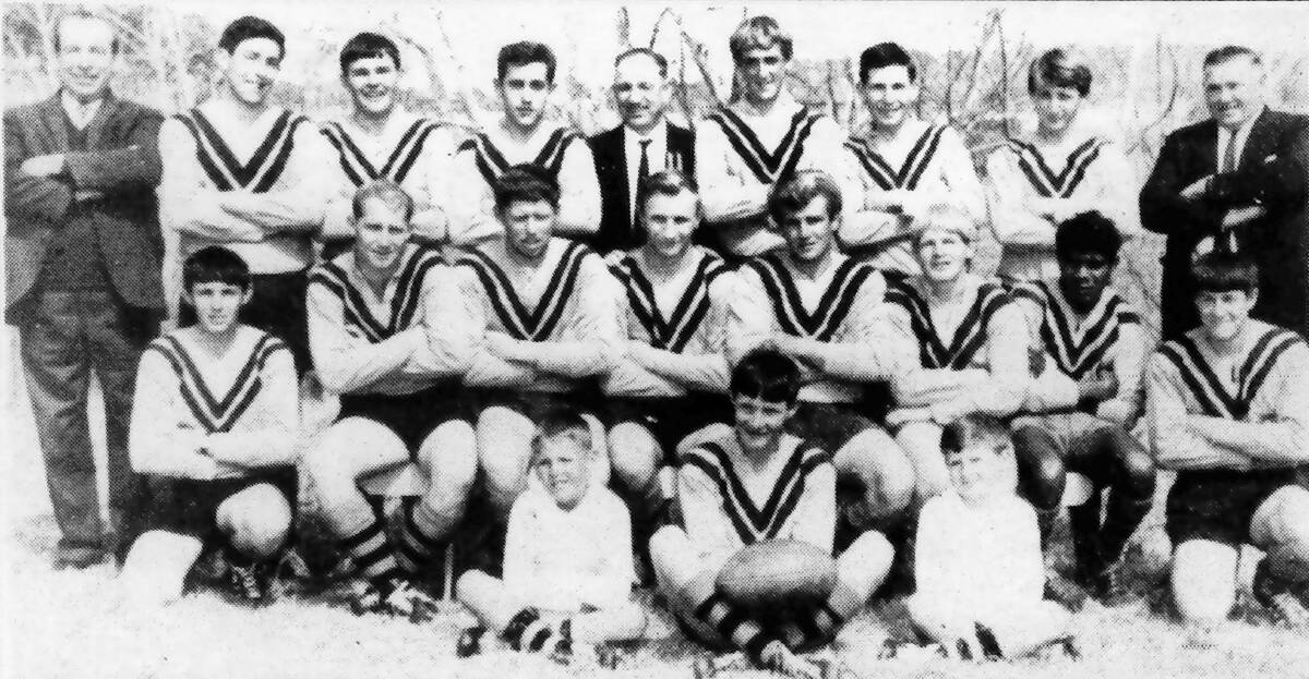 The 1968 Under-18s Tenterfield Tigers: (back row, from left) Ray Petrie, Terry Gallen, Dennis Pitkin, Johnny Wilson, Jack Gough (president); Robert Stalling, Wayne Foan, P Cook, Les Smith and (middle row) R Petrie, G Foan, Peter McAlister, Ronnie Cook,  Brian Petrie (captain), Ray Condrick, Bobby Binge, Darce Grogan and Ross Chorley (in front) with ball boys Peter Townes and Wayne Condrick. Players Ross Laurie, Neville Krahe and John Macnish are not in the photo.