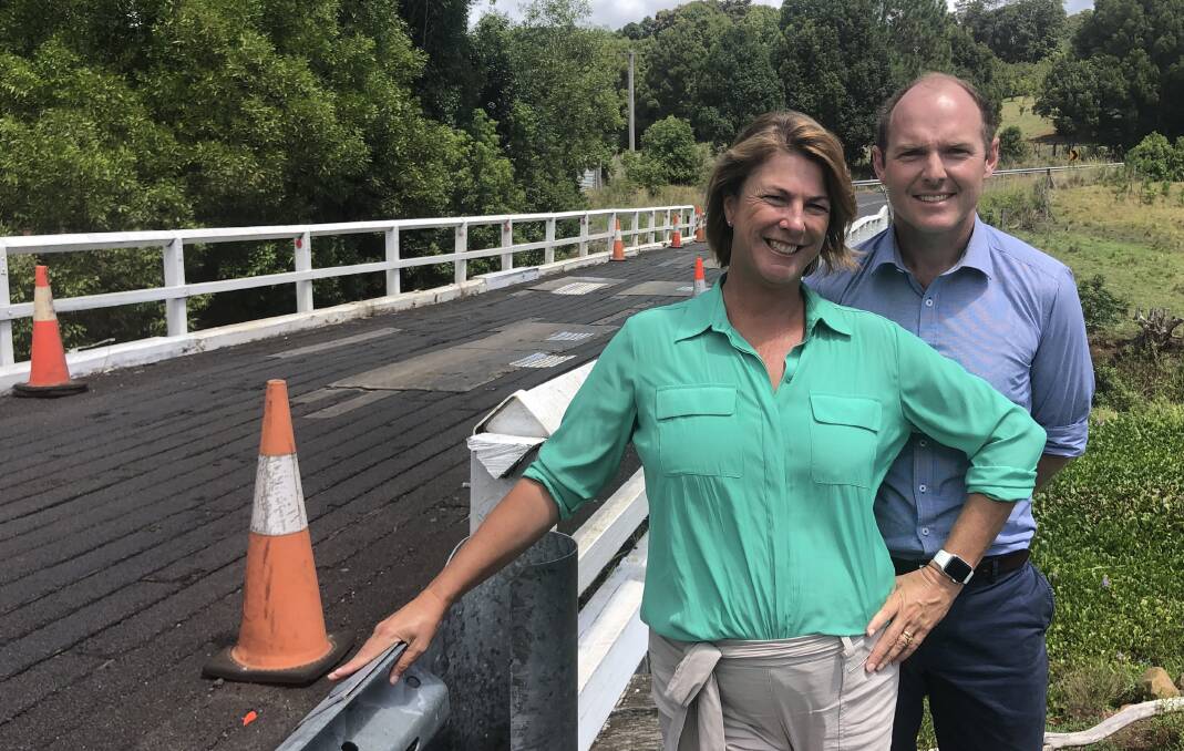 Minister for Roads, Maritime and Freight Melinda Pavey and Nationals Candidate for Lismore Austin Curtin at one of the decaying timber bridges in the Lismore electorate.