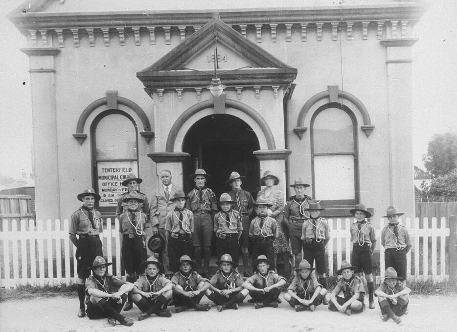 The local scout troop of the time out front of the old Council Chambers, now transformed into high-end accommodation.