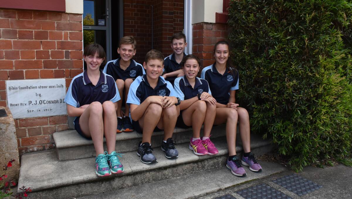 St Joseph's 2018 school captains (in centre) Xavier Cusack and Tori Page, surrounded by (from left) MacKillop sports captains Phoebee Lyons and Taj Cusack, and Penola sports captains Jakeb Gibbons and Chloe Thomas.