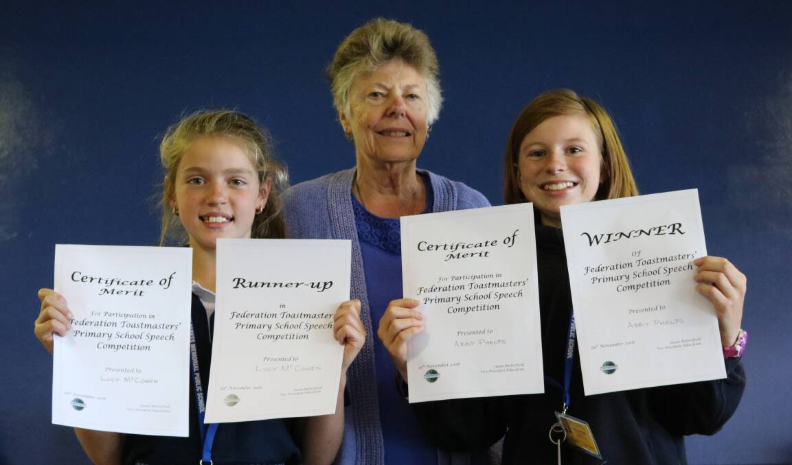 Runner-up Lucy and winner Abby with Tenterfield Toastmasters Susan Butterfield.