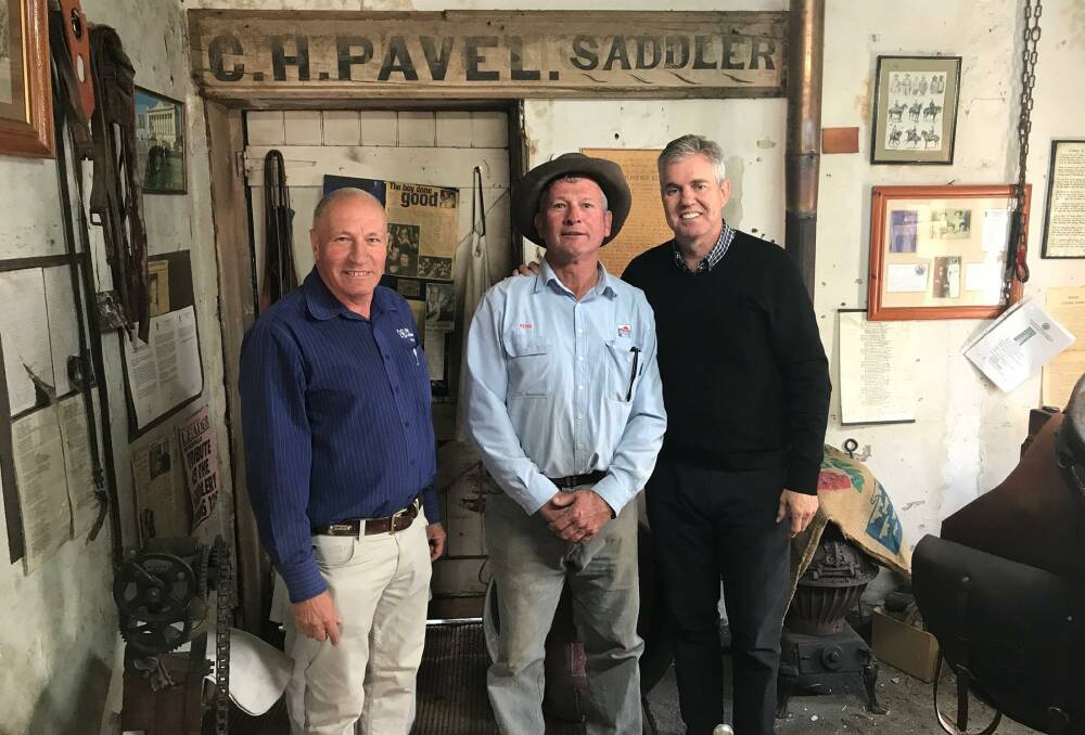 Mayor Peter Petty (centre) is always pleased to show off the Tenterfield Saddler to visitors to town, in this case First National CEO Ray Ellis (on right) along with local agent Steve Alford.