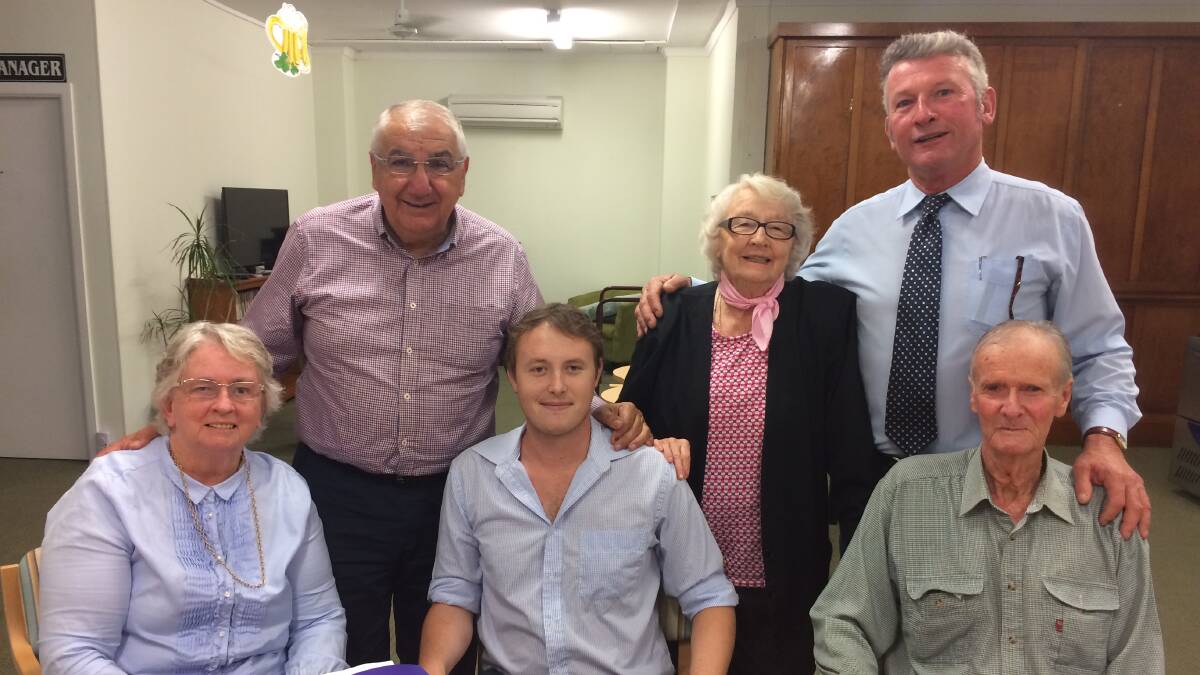 (Standing, from left) Nationals MP Thomas George, Val Gardiner (outgoing chairperson) and mayor Peter Petty, and (seated) Josh Moylan (incoming secretary) and Terry O'Sullivan (incoming chairperson). 