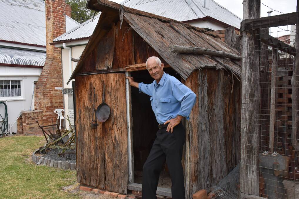 The museum's replica bark hut, a favourite exhibit of Tenterfield Historical Society president Albert Hunter, will receive a protective roof. Note the frypan hung outside the door when not in use, a requirement of any bark hut dweller for some unknown reason.