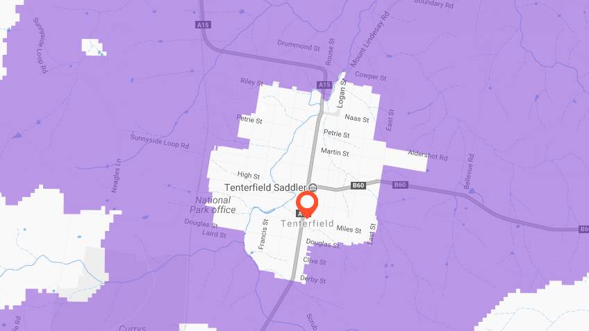 While the purple in the map indicates areas which can access NBN fixed wireless connections, premises covered by the white area in the centre shoul be able to connect to the fibre NBN network by the end of September.