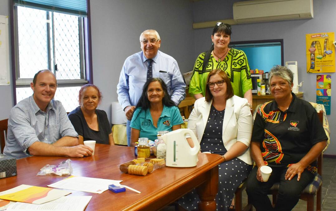 MP Thomas George and Tenterfield Shire Councillor Bronwyn Petrie discussed the need to local indigenous youth with (seated, from left) Nationals candidate Austin Curtin, Cheryl Duroux, Dianne Duroux, Aboriginal Affairs Minister Sarah Mitchell and Helen Duroux over tea and biscuits.