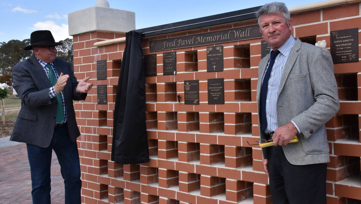 Deputy mayor Greg Sauer and mayor Peter Petty unveiled the new Fred Pavel Memorial Niche Wall with fanfare.